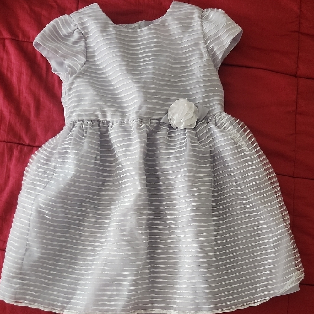 Elegant Gray Striped Kids Dress with Floral Accent